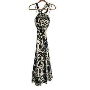Cachet Black & Tan Swirl Brooch Halter Neck Crisscross Open Strap Back Dress 6